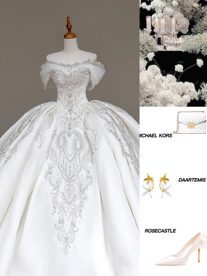 Vestido de novia elegante con hombros descubiertos, lentejuelas blancas, mangas cortas, DP699