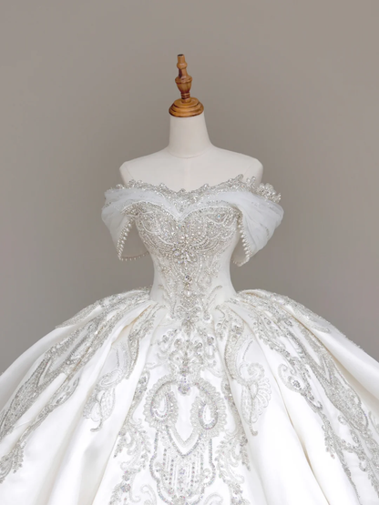 Vestido de novia elegante con hombros descubiertos, lentejuelas blancas, mangas cortas, DP699