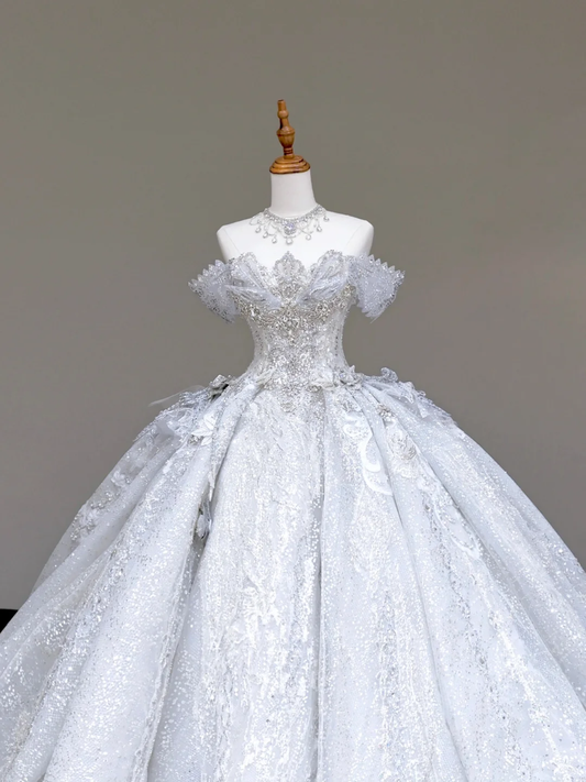 Vestido de novia elegante con hombros descubiertos, lentejuelas blancas, mangas cortas, DP702