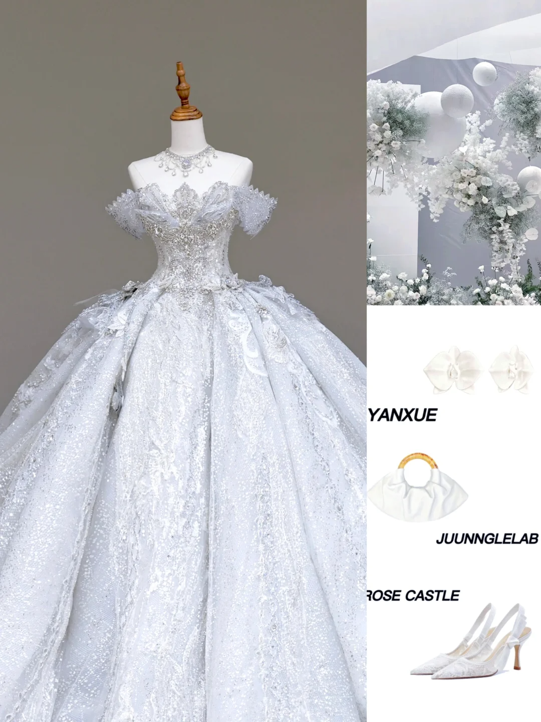 Vestido de novia elegante con hombros descubiertos, lentejuelas blancas, mangas cortas, DP702