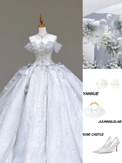 Vestido de novia elegante con hombros descubiertos, lentejuelas blancas, mangas cortas, DP702