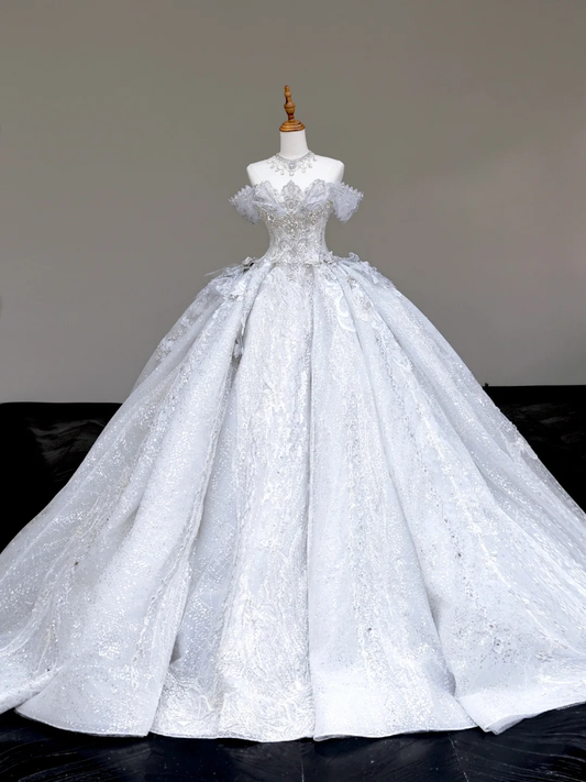 Vestido de novia elegante con hombros descubiertos, lentejuelas blancas, mangas cortas, DP702