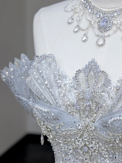 Vestido de novia elegante con hombros descubiertos, lentejuelas blancas, mangas cortas, DP702