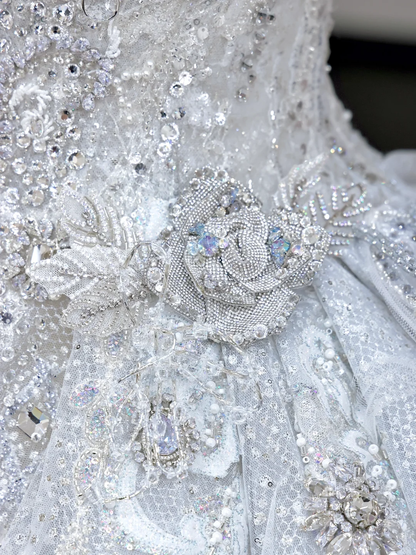 Vestido de novia elegante con hombros descubiertos, lentejuelas blancas, mangas cortas, DP702