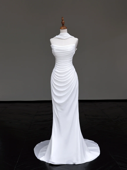 Vestido de novia único de corte sirena sin tirantes de gasa blanca DP703