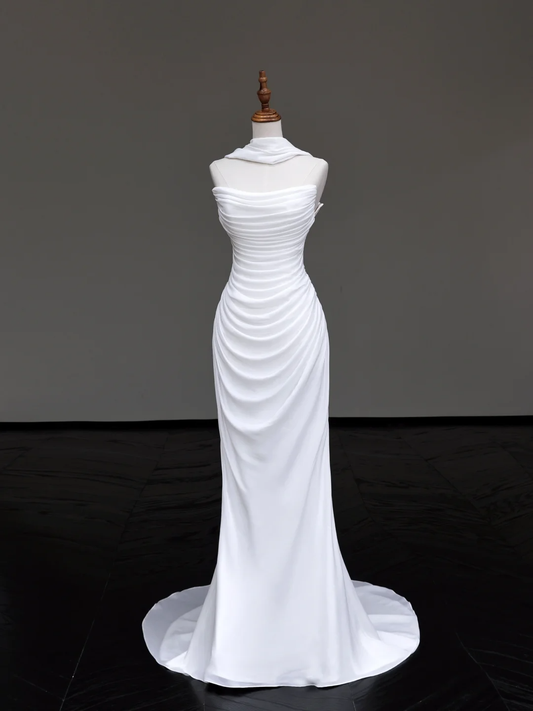 Vestido de novia único de corte sirena sin tirantes de gasa blanca DP703