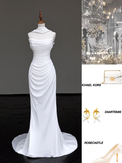 Vestido de novia único de corte sirena sin tirantes de gasa blanca DP703