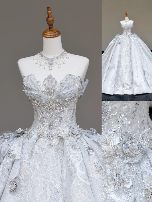 Vestido de novia único, sin tirantes, con lentejuelas blancas, DP704