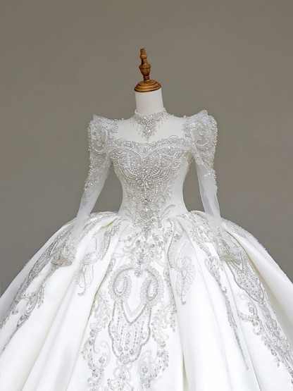 Vestido de novia único, corte corazón, mangas largas, lentejuelas blancas, DP706