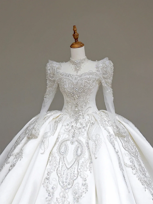 Vestido de novia único, corte corazón, mangas largas, lentejuelas blancas, DP706
