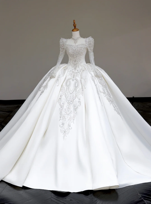 Vestido de novia único, corte corazón, mangas largas, lentejuelas blancas, DP706
