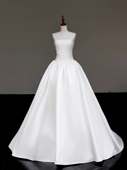 Vestido de novia único, sin tirantes, de satén blanco, DP707