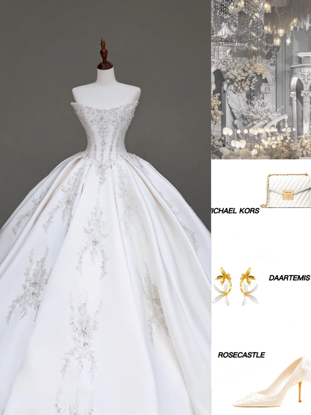 Vestido de novia único, sin tirantes, de satén blanco, con cuentas, DP708