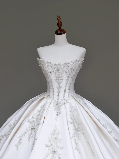 Vestido de novia único, sin tirantes, de satén blanco, con cuentas, DP708