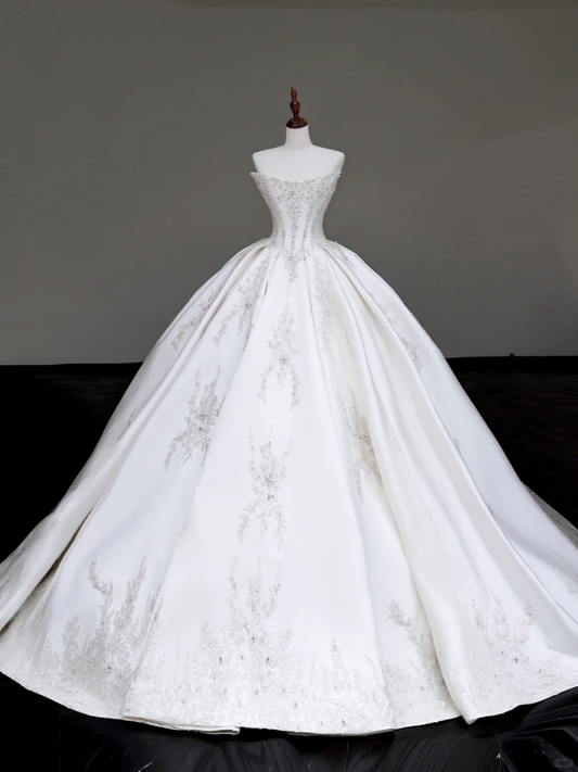 Vestido de novia único, sin tirantes, de satén blanco, con cuentas, DP708