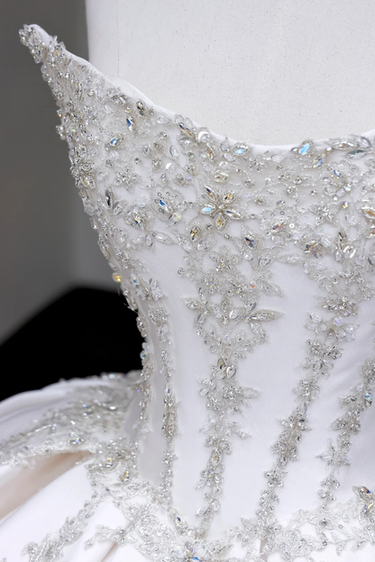 Vestido de novia único, sin tirantes, de satén blanco, con cuentas, DP708