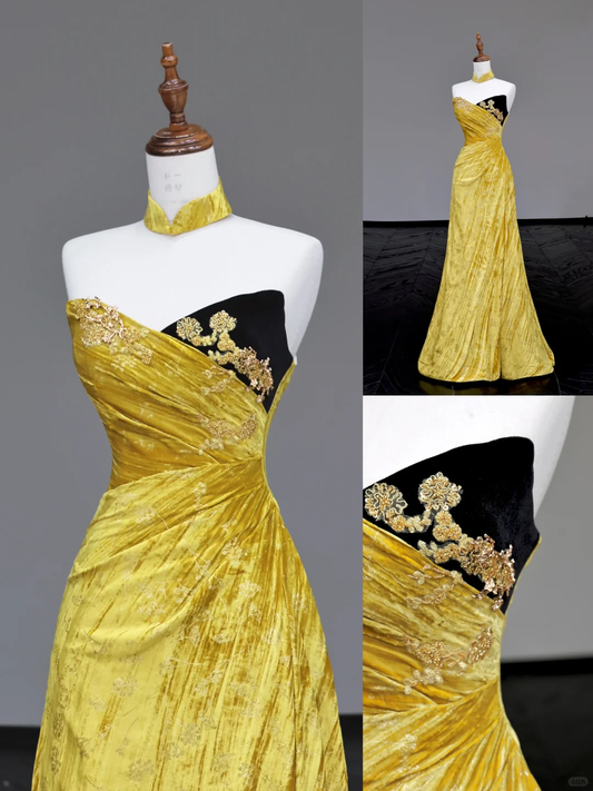 Gorgeous Mermaid Sweetheart Yellow Satin Long Prom Dress Party Dress Graduation Dresses DP709