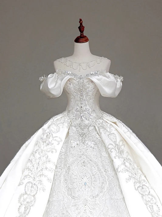 Vestido de novia elegante, con hombros descubiertos, de satén blanco y mangas cortas, DP711