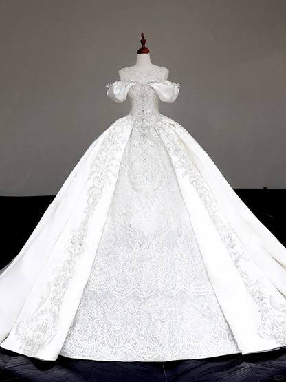 Vestido de novia elegante, con hombros descubiertos, de satén blanco y mangas cortas, DP711