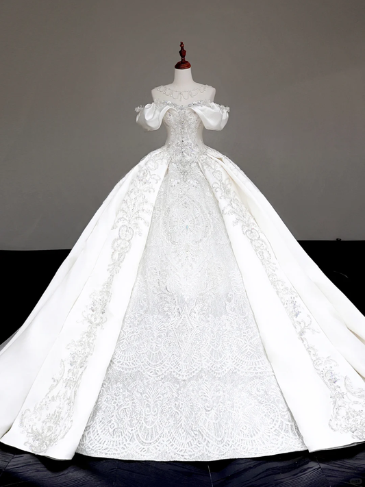 Vestido de novia elegante, con hombros descubiertos, de satén blanco y mangas cortas, DP711