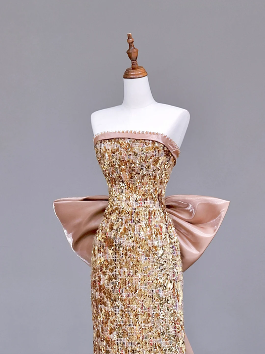Gorgeous Sheath Strapless Sequin Gold Long Prom Dress Party Dress Graduation Dresses DP712