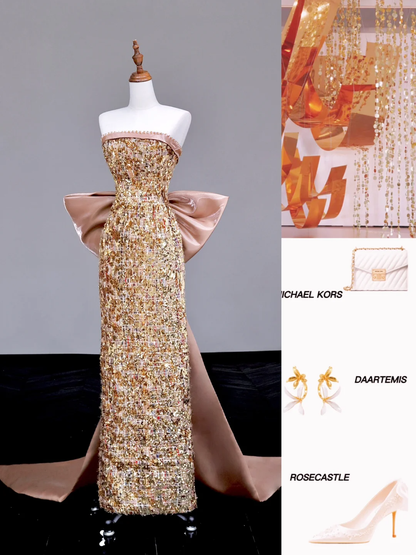 Gorgeous Sheath Strapless Sequin Gold Long Prom Dress Party Dress Graduation Dresses DP712