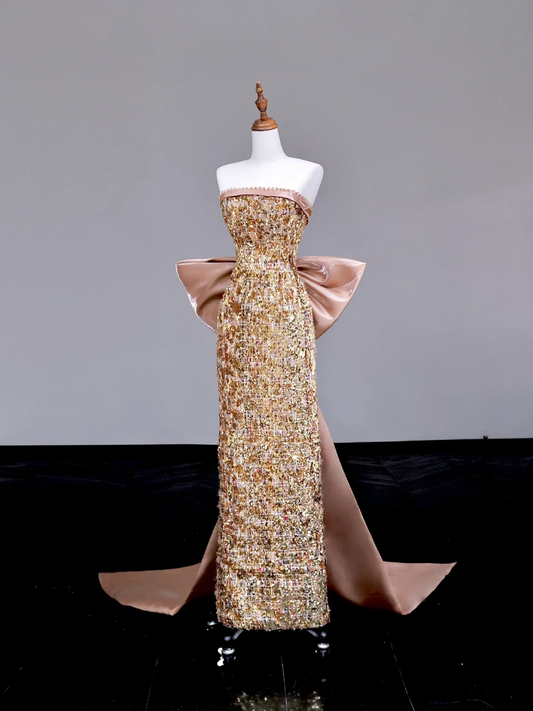 Gorgeous Sheath Strapless Sequin Gold Long Prom Dress Party Dress Graduation Dresses DP712
