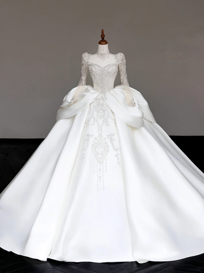 Vestido de novia único, corte corazón, mangas largas, lentejuelas blancas, DP714