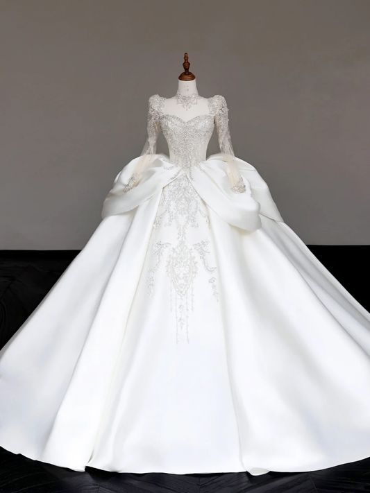 Vestido de novia único, corte corazón, mangas largas, lentejuelas blancas, DP714