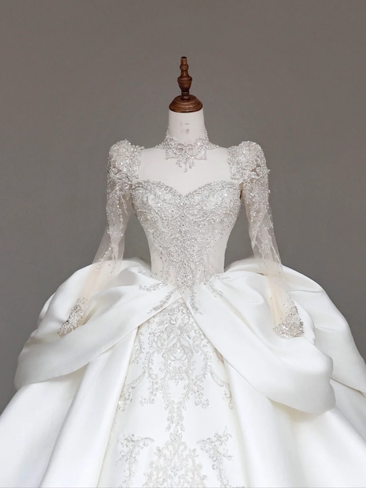 Vestido de novia único, corte corazón, mangas largas, lentejuelas blancas, DP714