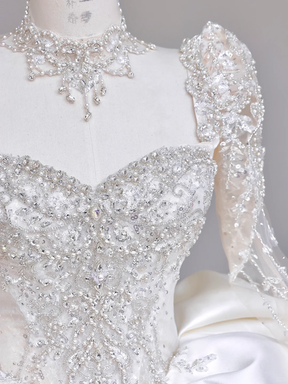 Vestido de novia único, corte corazón, mangas largas, lentejuelas blancas, DP714
