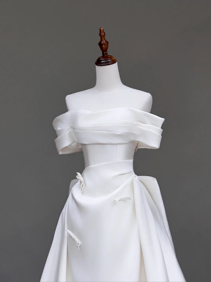 Vestido de novia único, vestido de fiesta con hombros descubiertos, satén blanco, vestidos de novia DP715