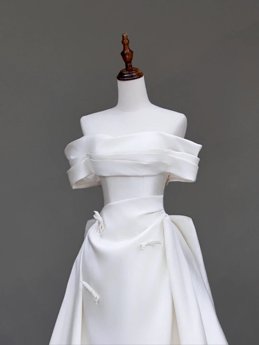 Vestido de novia único, vestido de fiesta con hombros descubiertos, satén blanco, vestidos de novia DP715