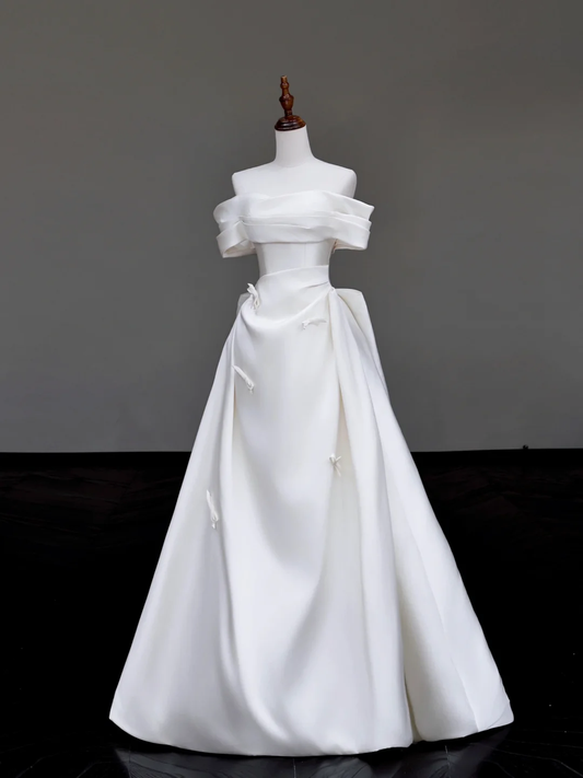 Vestido de novia único, vestido de fiesta con hombros descubiertos, satén blanco, vestidos de novia DP715