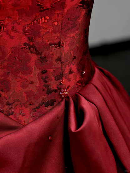 Hermoso vestido de fiesta largo de satén burdeos con hombros descubiertos, vestidos de graduación DP716