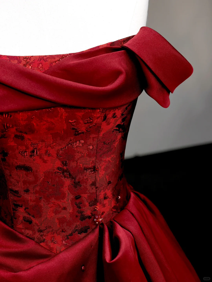 Hermoso vestido de fiesta largo de satén burdeos con hombros descubiertos, vestidos de graduación DP716