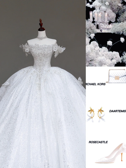 Vestido de novia único, vestido de fiesta con hombros descubiertos y lentejuelas blancas, vestidos de novia DP719