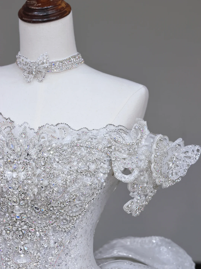 Vestido de novia único, vestido de fiesta con hombros descubiertos y lentejuelas blancas, vestidos de novia DP719