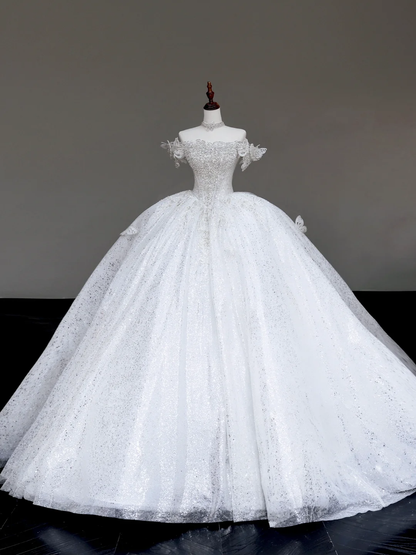 Vestido de novia único, vestido de fiesta con hombros descubiertos y lentejuelas blancas, vestidos de novia DP719