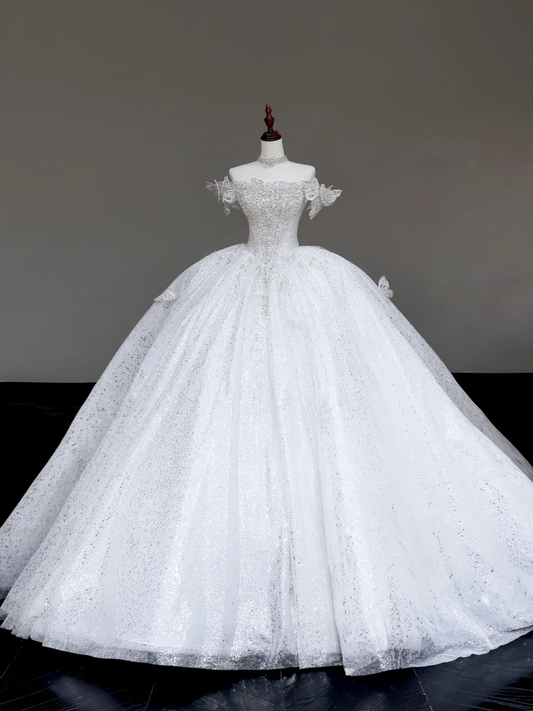Vestido de novia único, vestido de fiesta con hombros descubiertos y lentejuelas blancas, vestidos de novia DP719