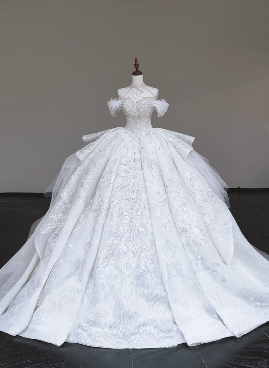 Vestido de novia único, vestido de fiesta, escote alto, lentejuelas blancas, vestidos de novia DP720