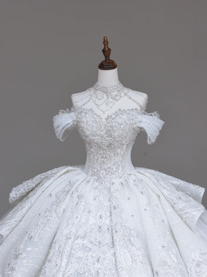 Vestido de novia único, vestido de fiesta, escote alto, lentejuelas blancas, vestidos de novia DP720
