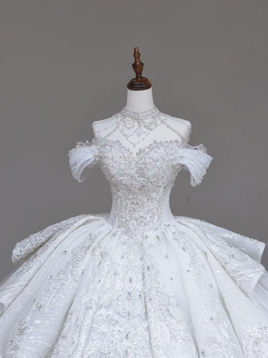 Vestido de novia único, vestido de fiesta, escote alto, lentejuelas blancas, vestidos de novia DP720