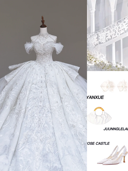 Vestido de novia único, vestido de fiesta, escote alto, lentejuelas blancas, vestidos de novia DP720