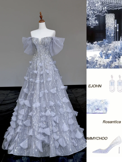 Hermoso vestido de fiesta largo con hombros descubiertos y lentejuelas en gris plateado, vestidos de graduación DP721