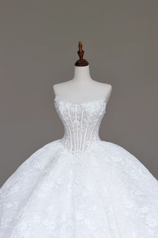 Vestido de novia único, vestido de baile, escote corazón, encaje, satén blanco, vestidos de novia DP684