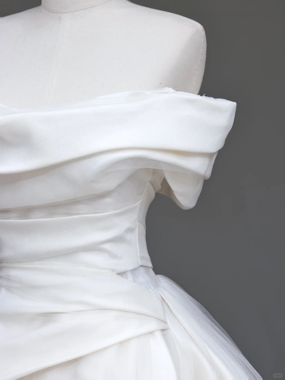 Vestido de novia único, vestido de fiesta con hombros descubiertos, satén blanco, vestidos de novia DP723
