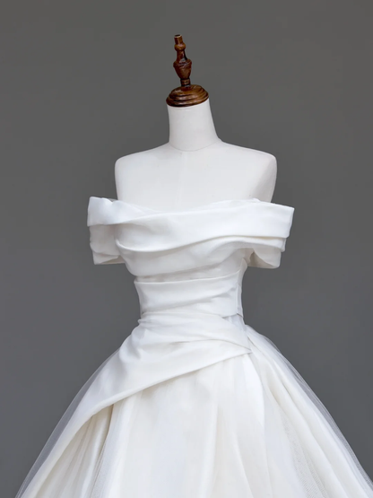 Vestido de novia único, vestido de fiesta con hombros descubiertos, satén blanco, vestidos de novia DP723