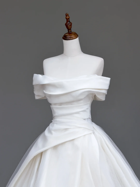 Vestido de novia único, vestido de fiesta con hombros descubiertos, satén blanco, vestidos de novia DP723