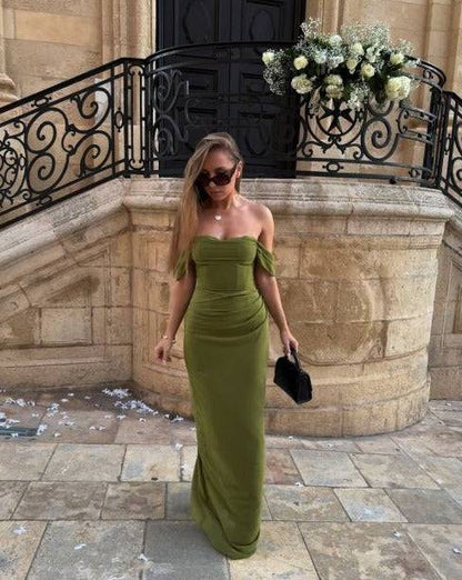 Elegante vestido de noche verde con hombros descubiertos para invitada de boda, vestidos de graduación de verano DP759